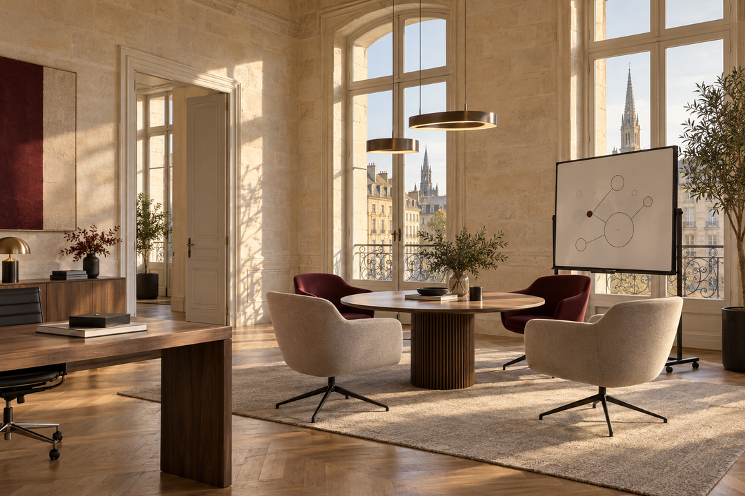 Agence de conseil dans un immeuble en pierre, lumiere chaude
