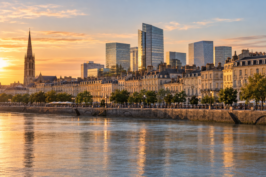 Quartier d'affaires bordelais au couchant, quais et verre